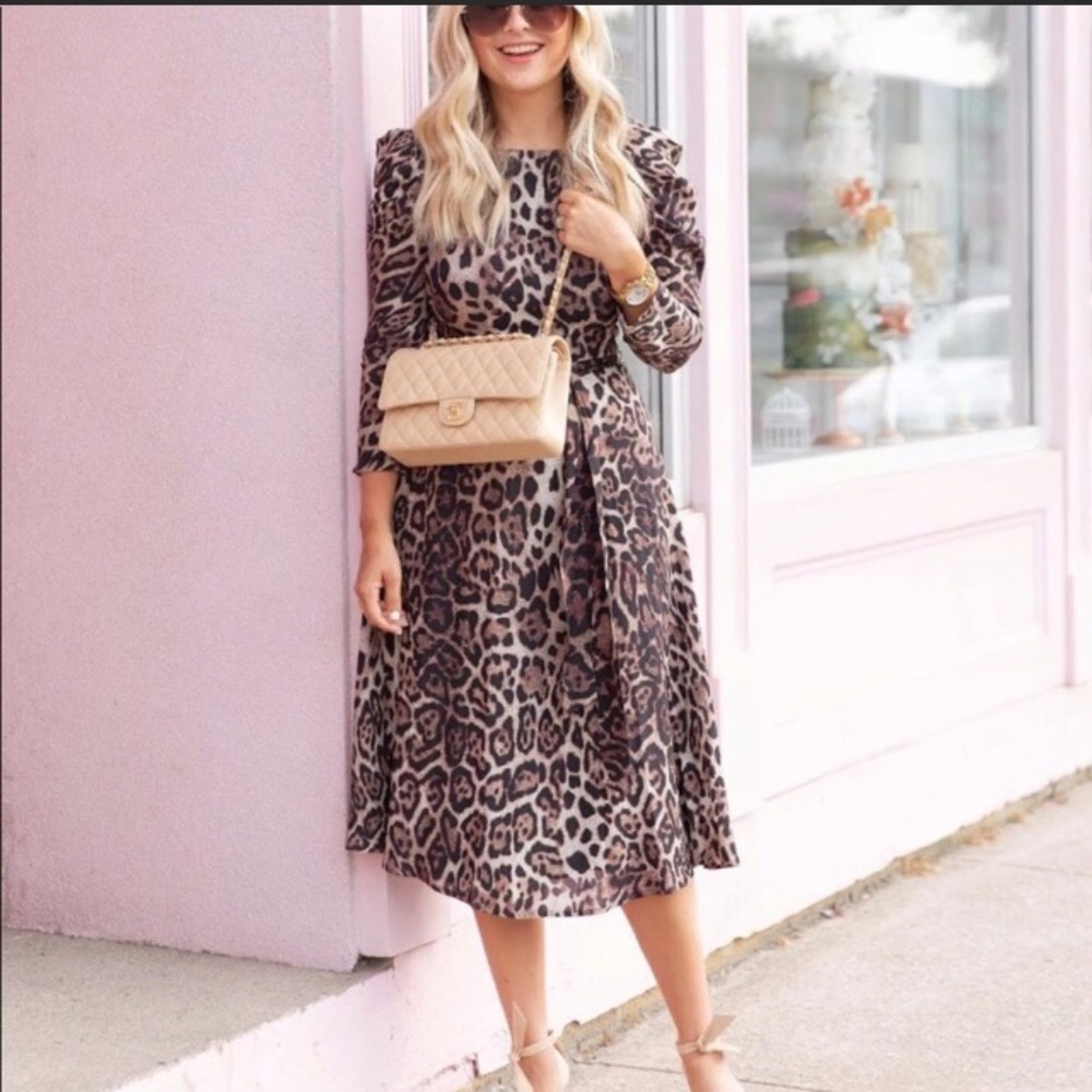 Eliza J Leopard Print Long Sleeve Midi Dress